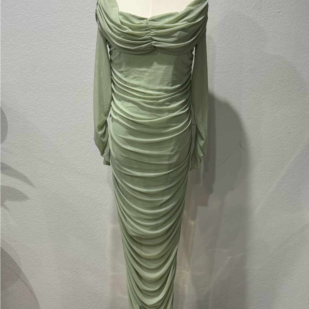 SHEIN Green Ruched Off-Shoulder Bishop Sleeve Dress